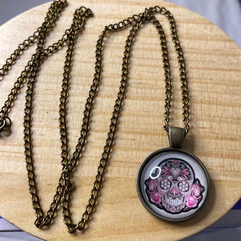 Sugar Skull‎ Necklace Bronze Tone Day of the Dead Pendant Halloween 30in Chain